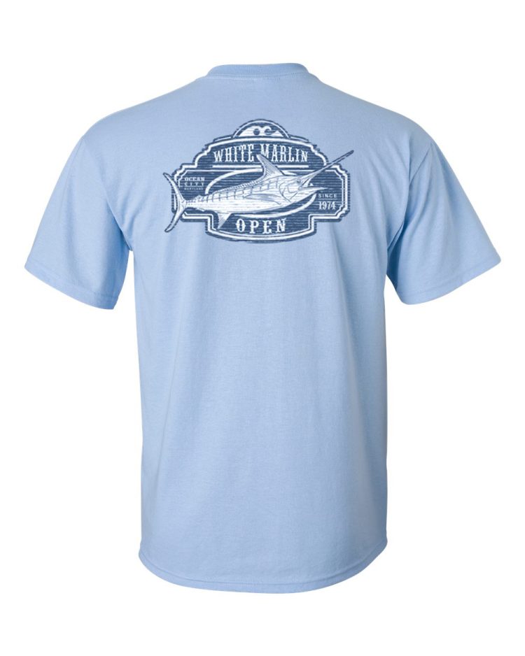 white marlin open oc marlin tshirt in a soft blue with a marlin logo